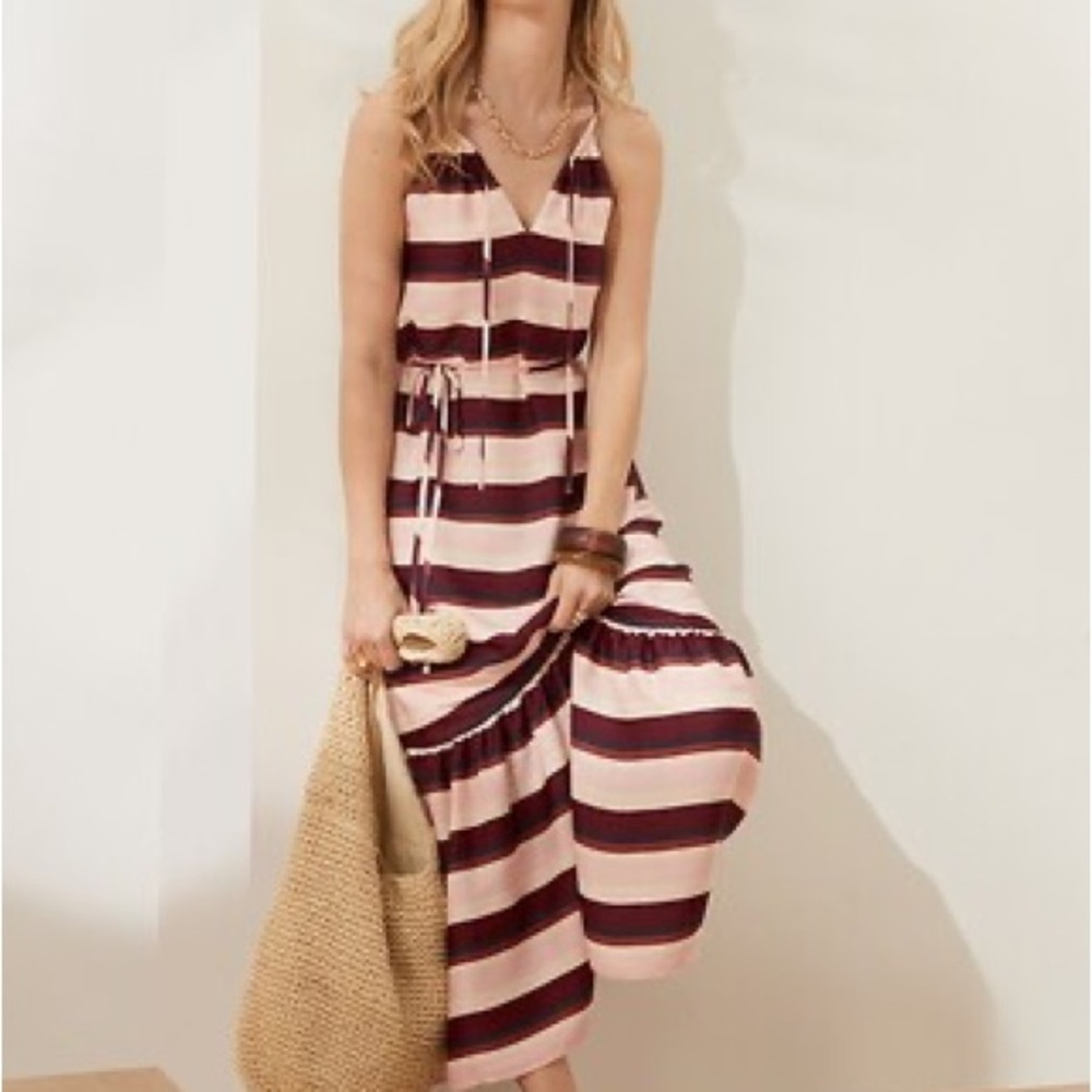 Ecru Maroon Stripe Sundress Halter Neckline Midi Banana Republic Summer